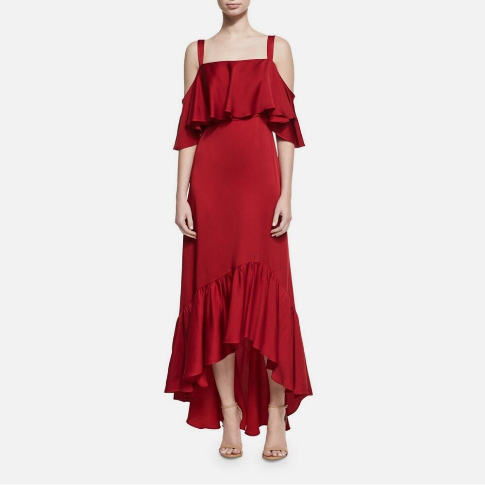 Jill Stuart Cold-Shoulder Flounce Satin Hi-Lo Gown